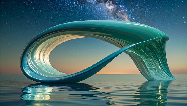Abstract algorithmic Mobius-like form gracefully curves over placid water, reflecting the mesmerizing star-filled night sky and celestial tapestry above a tranquil horizon
