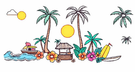 Obraz premium Minimal Tropical Beach Hut Vector with Palm Trees Ocean Waves and Summer Paradise Scene.