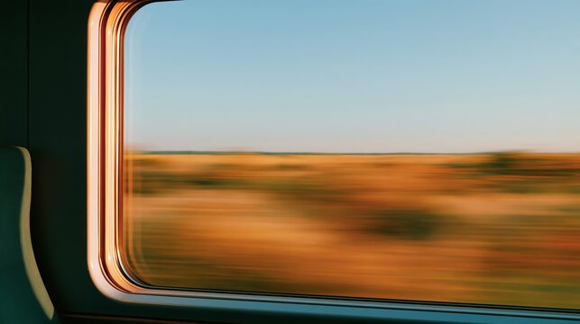 Empty train compartment window with blurred landscape view, showcasing the motion of travel through open fields and clear blue sky in the background