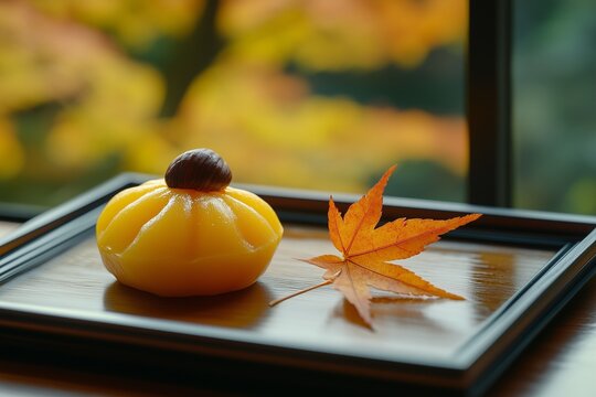 kuri kinton chestnut sweet and Maple Leaf on Wooden Tray