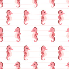 Cute pink sea​​horse seamless pattern with stripes background. Cartoon ocean background. Sea animal repeat design. Girly vector illustration. © JulzaArt
