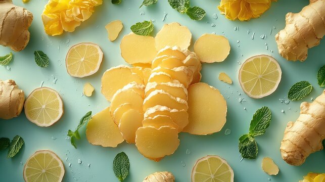 Ginger root whole and slices on a green background top view, created with Generative AI technology