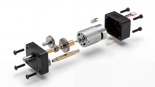 Exploded view of a small electric motor and its components on white background