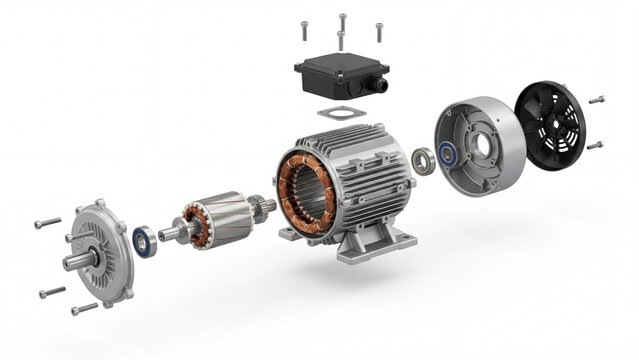 Exploded view of electric motor components on white background for design