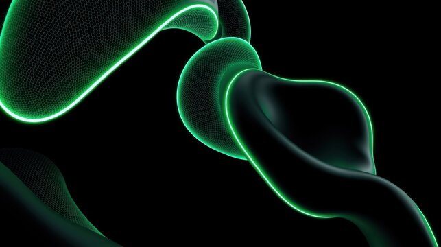 Abstract fluid shapes, glowing neon green lines, dark background. Modern design, dynamic composition, smooth curves, digital art.
