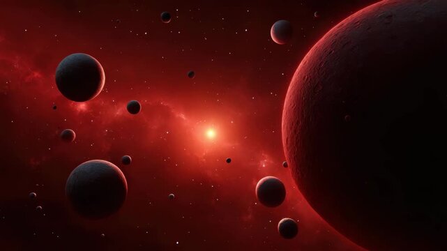 Red space scene with planet spheres, glowing star field, red nebula, deep universe background, dark celestial sphere and cosmic dust cloud in abstract astronomy landscape