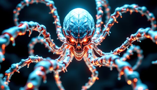 The image depicts a creature with an intimidating appearance, featuring a human like skull with glowing, sinister eyes and a wide, menacing grin