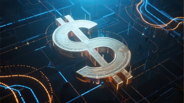 A futuristic dollar sign with circuit textures on a blue digital background, symbolizing the integration of digital finance, technology and wealth, conveying the concept of future business and fintech