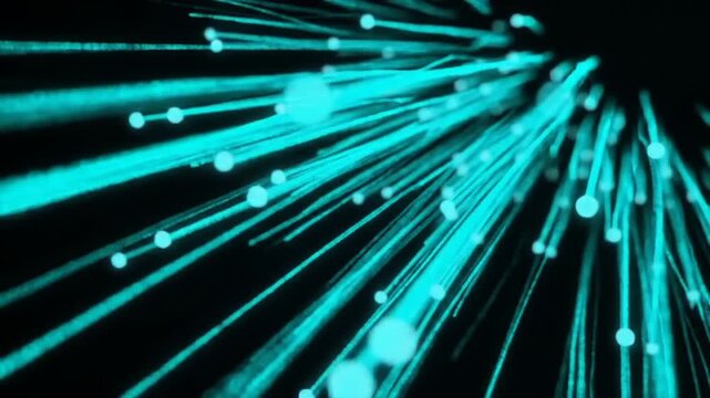 Glowing blue fiber optic cables radiate outward in all directions against a dark background.