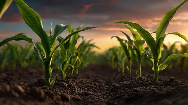 Young corn seedlings in fertile soil, green crop rows across rural field at sunset with warm sky, fresh plant growth and agricultural landscape