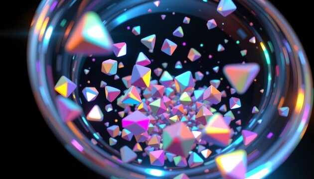 The image features a vibrant, dynamic scene with numerous small, colorful polyhedral shapes floating within a circular, glowing frame