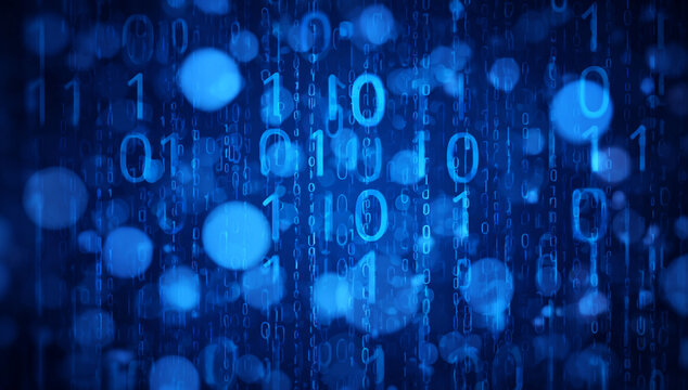 Blue binary code sequences consisting of floating zeros and ones represent digital data streams for modern computing and advanced technology systems