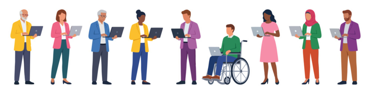Diverse group of professionals using laptops for remote work | Multicultural business people networking and collaborating | Flat vector character set