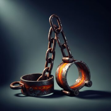 A close view of heavy, weathered metal fetters connected by a thick chain, representing historical bondage and captivity, symbol, antiquity, oppression