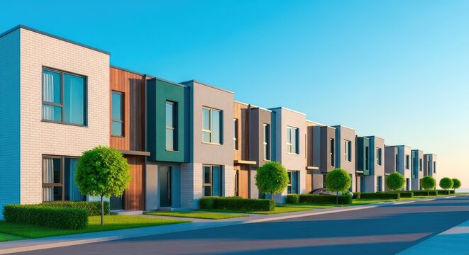 A modern, uniform row of newly constructed townhouses featuring neat landscaping and cohesive architectural designs along a quiet residential street, building, facade, unit