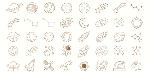 Transparent PNG available Hand drawn black and white space element doodles including spiral galaxies, falling comets, asteroids, and stars, cosmos  in a simple sketch line art illustration set © ApexStock Studio66