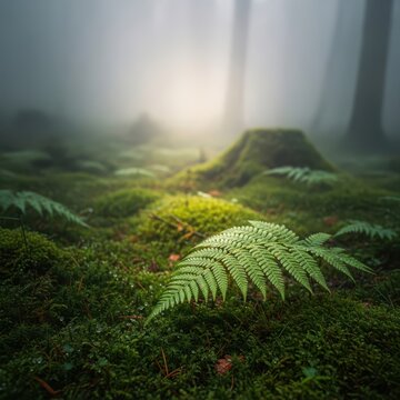 Dense, silent forest floor covered in rich green moss and wet ferns during a heavy morning fog. The atmosphere is quiet and undisturbed, calm, hidden, fern