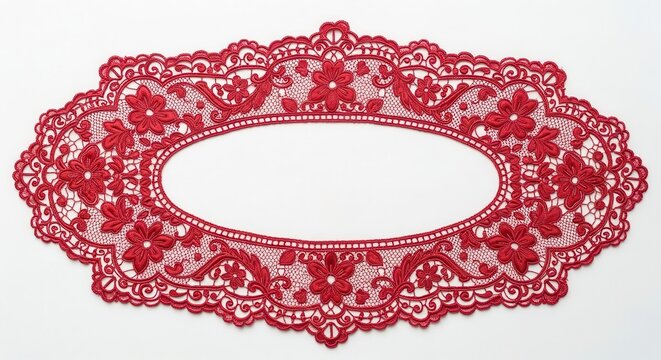 Elegant Red Lace Oval Frame with Intricate Floral Embroidery Isolated