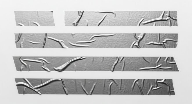 Set of Silver Adhesive Duct Tape Strips Isolated on White Background w