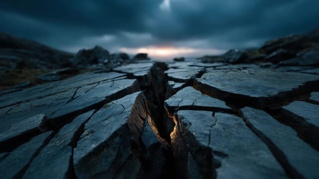 Crack rock stone split dark sky dramatic landscape cliff twilight cracked stone ground dark cloudy sky with dramatic light and deep crevice rocky landscape moody sunset cracked rock dark stone rocky