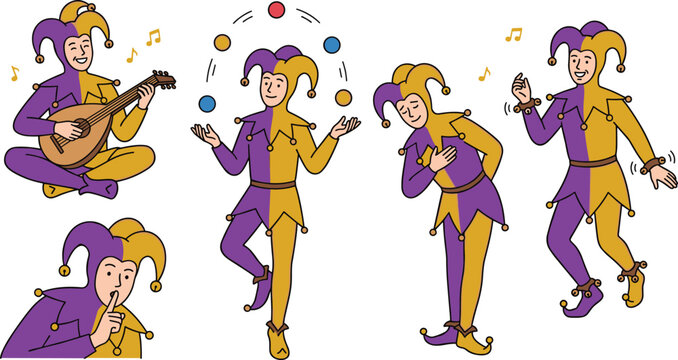 Jester Performing with Music, Dance, and Juggling, Colorful Entertainment Illustrations for Fun and Festival Themes