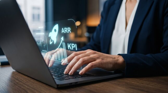 Businessman using laptop with ARR and KPI hologram icons. Startup growth metrics, business performance analytics, and revenue analysis concept.