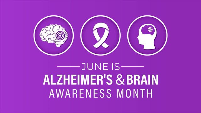 Alzheimer&rsquo;s and brain awareness month animation with medical icons and purple healthcare background. Animation designed for mental health awareness presentations.