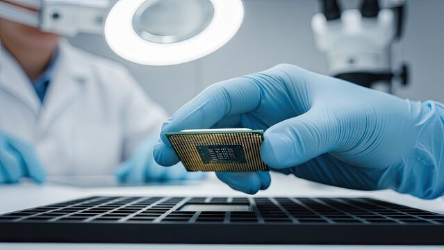 Technician inspects computer chip under magnifying lamp for quality assurance
