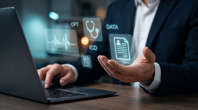 Doctor using laptop with floating holographic medical icons including stethoscope, heartbeat, ICD codes and patient data. Healthcare technology and digital medical records concept.