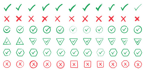 hand drawn icon set. Cross box x check mark checkbox v list vector draw hand drawn sketch doodle brush marker checklist symbol wrong right circle. Vector Illustration. Red, Green, Black color © ApexStock Studio66