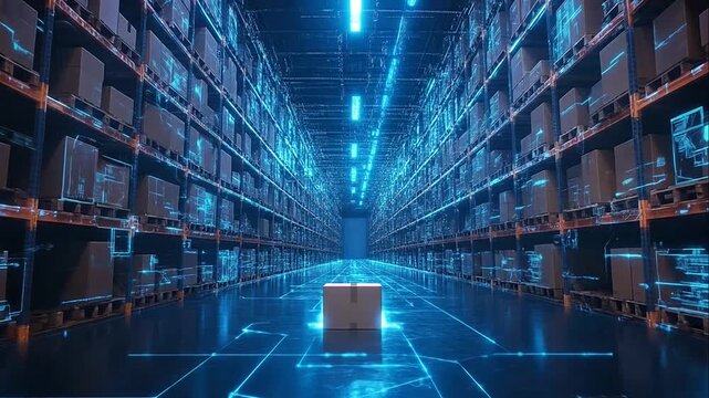 Digital smart warehouse with glowing blue circuit patterns and automated storage shelves.
