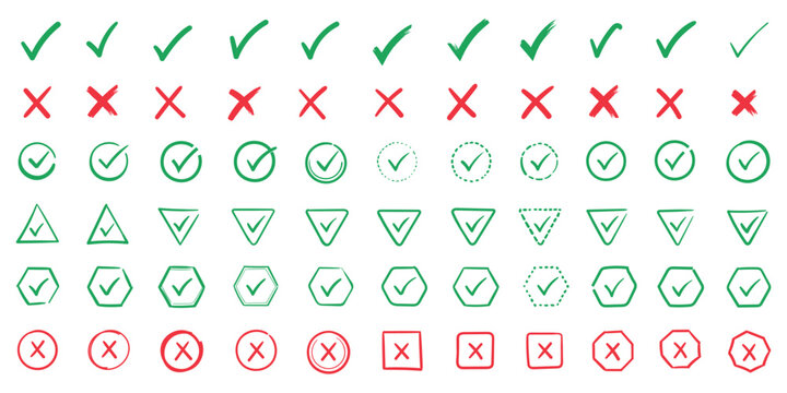 hand drawn icon set. Cross box x check mark checkbox v list vector draw hand drawn sketch doodle brush marker checklist symbol wrong right circle. Vector Illustration. Red, Green, Black color