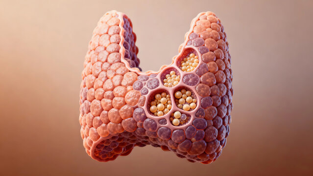 The process of hormone synthesis in human thyroid follicular epithelial cells: Thyroid follicular epithelial cells synthesize thyroid hormones, which are stored in the follicular lumen.