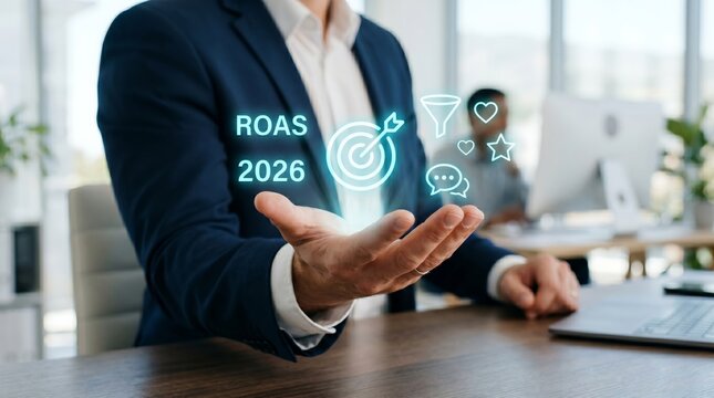 Businessman holding holographic ROAS 2026 with target and engagement icons. Return on ad spend, digital marketing strategy, and business growth concept.