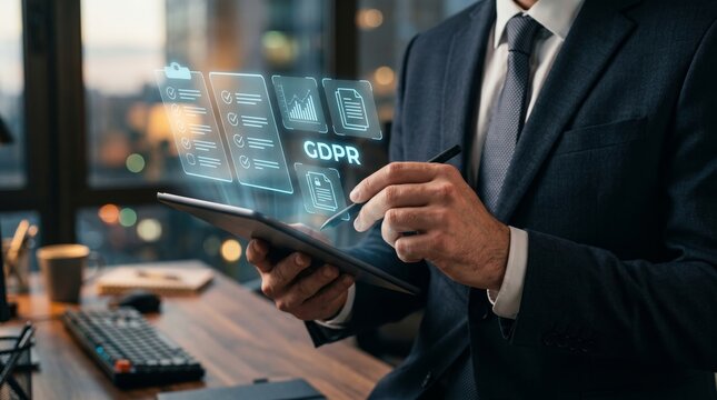 Businessman holding tablet with GDPR compliance hologram icons. Data protection, privacy regulation, and digital security concept.