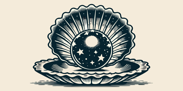 Oyster shell with pearl and starry night sky engraving style