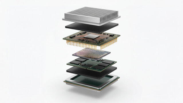 Exploded view of a computer processor showing layered components in isolation