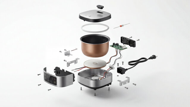 Deconstructed rice cooker components on white background for commercial use