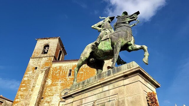 Equestrian statue of Francisco Pizarro. Bronze statue of the Spanish conquistador on horseback. Plaza Mayor, Trujillo, Spain.