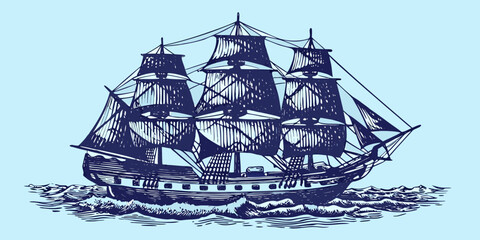 historic sailing ship illustration with detailed rigging on water © Juran