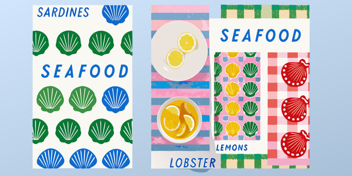 Seafood illustration with scallop shells lemons and lobster