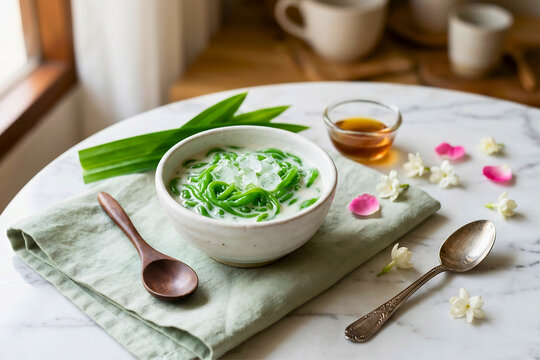 Thai Lod Chong Coconut Dessert in Ceramic Bowl