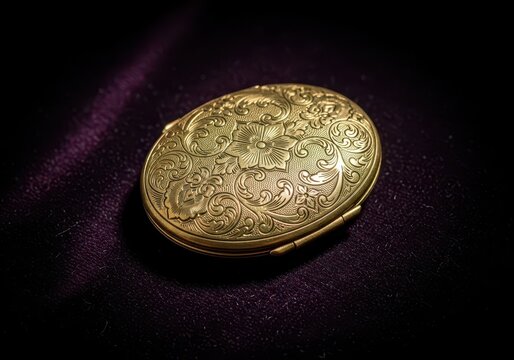 A beautifully detailed antique oval locket rests on a dark velvet surface, showcasing intricate engraving and classic design, memento, studio shot, object