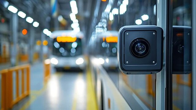 Digital surveillance camera mounted on a modern bus in a transport depot