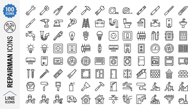 Repairman Icons Set Home Maintenance Tools Construction Plumbing Electrical HVAC Monoline Vector Illustration