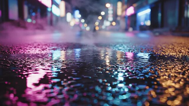 Wet city street reflecting colorful neon lights with steam rising during nighttime urban scene