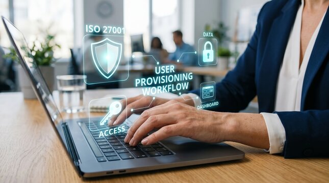 Business professional using laptop with holographic security icons. ISO 27001 compliance, user provisioning workflow, and data protection concept.