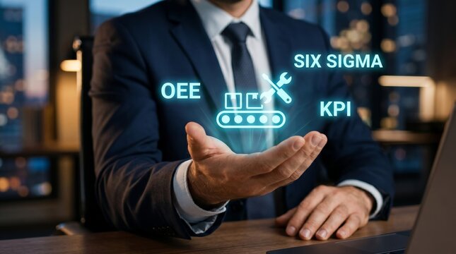 Businessman holding holographic manufacturing icons with Six Sigma, OEE, and KPI symbols. Lean manufacturing, process improvement, and operational excellence concept.