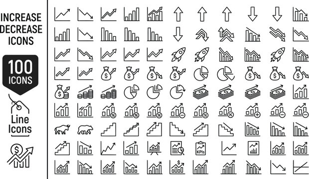 Growth Increase and Decrease Icons Set, Business Financial Charts, Data Analytics Line Vector Symbols