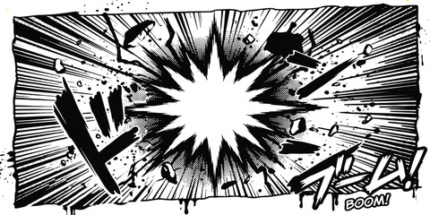 Comic book explosion effect with debris and speed lines in black and white ink style ©  Designer